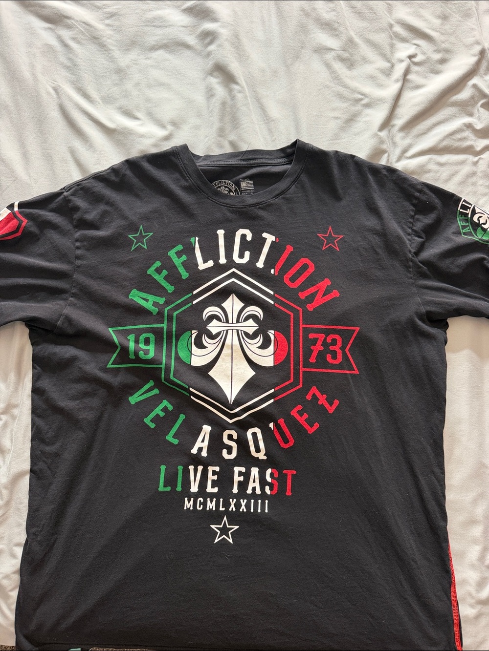Affliction Black Graphic Tee with Red and Green Accents